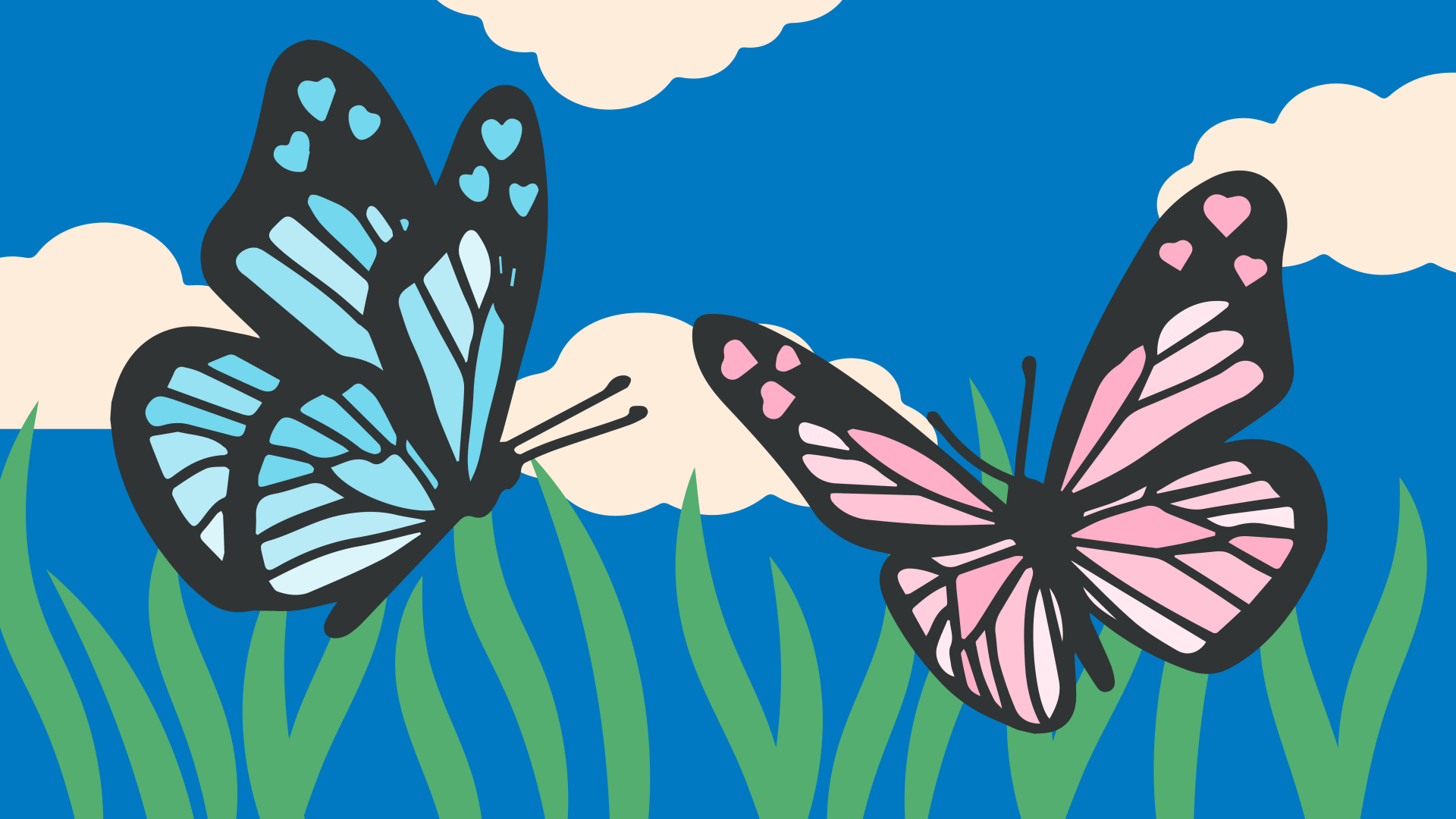 A light blue and a light pink butterfly flying together over a background of grass, a sky, and clouds. A graphic made for Transgender Day of Visibility.