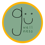 gu wellness logo - a sage green circle surrounded by an orange border, with the letters "g u" writ large and in center, two dots above the "u" to look like a smiley face. "wellness" in smaller font below.
