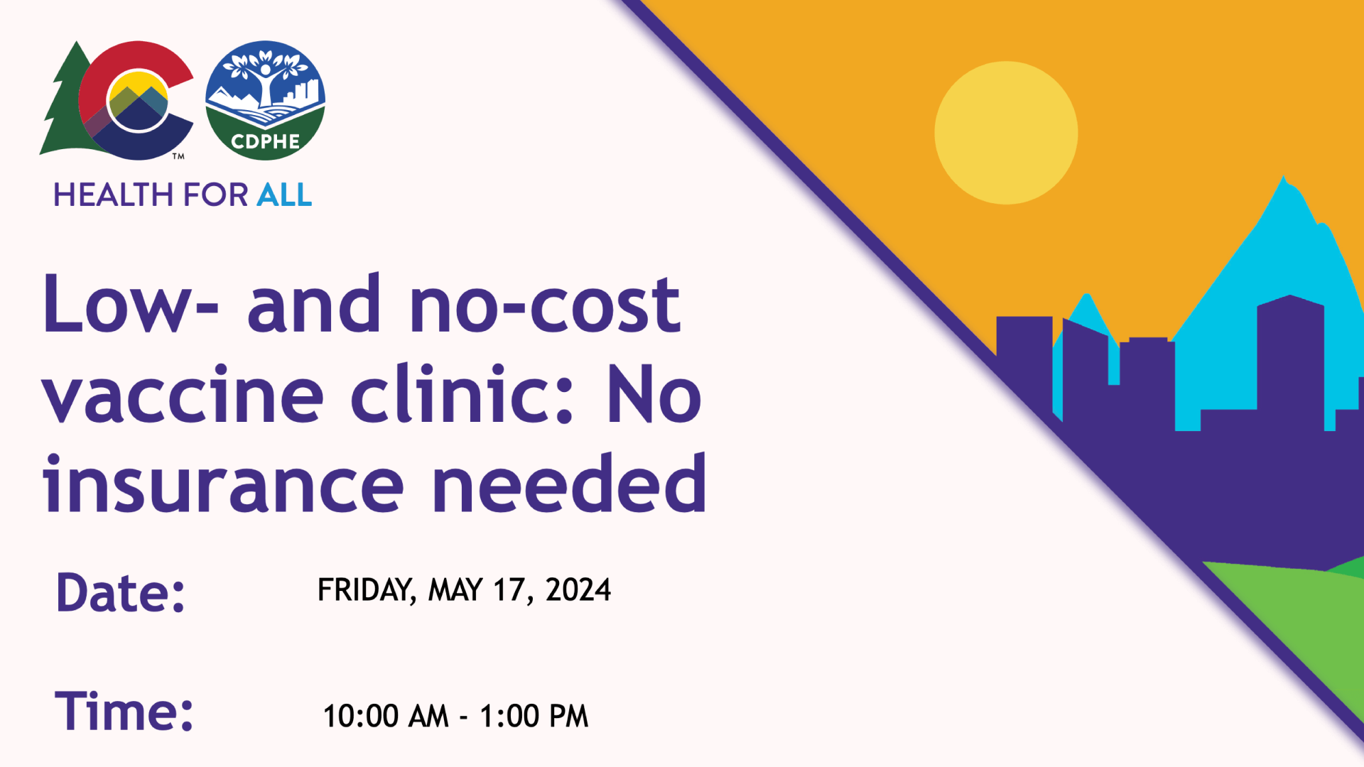CDPHE Mpox and covid vaccine clinic - Friday, May 17, 2024, 10:00 AM - 1:00 PM
